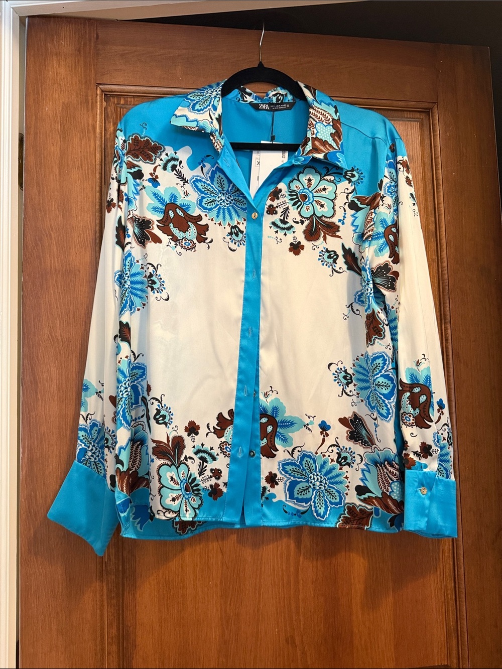 Zara Turquoise and Brown Floral Button-Down Shirt